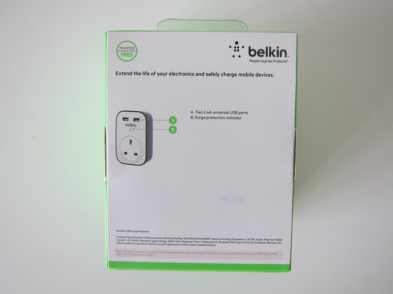 Belkin SurgeCube 1 Outlet Surge Protector with USB Charging - Box Back
