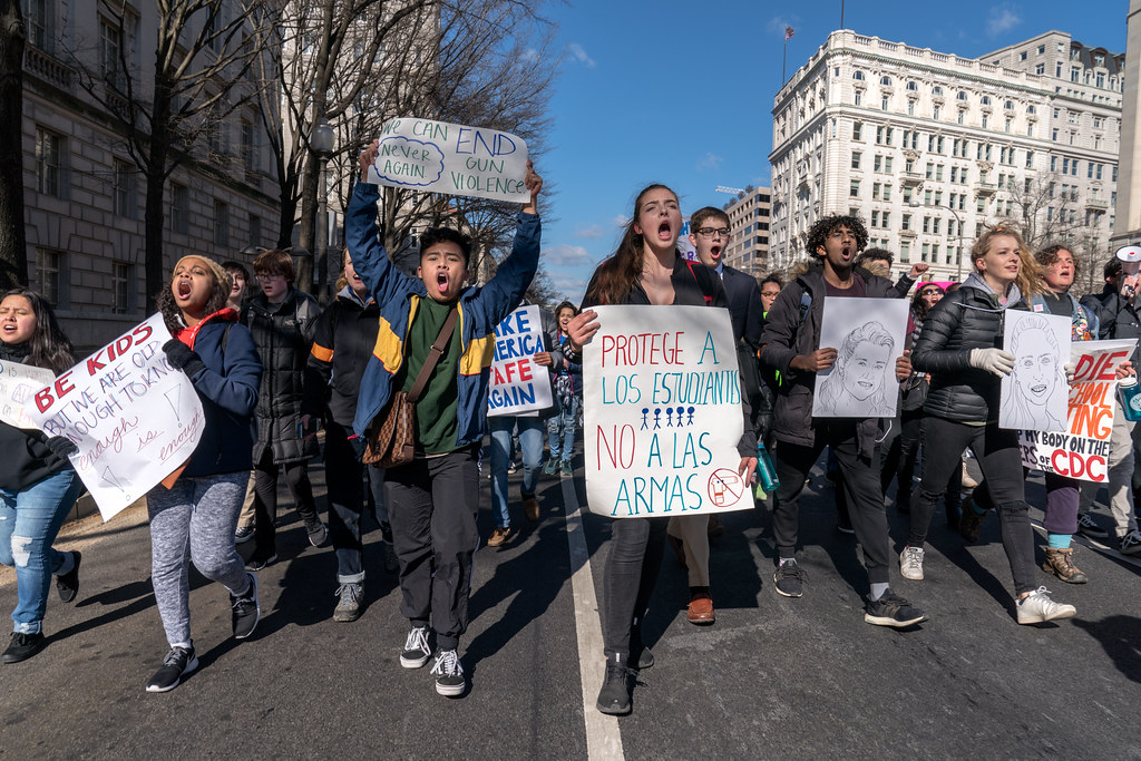 Students participating in National Walkout Day walking on Pennsylvania Avenue to the Capitol, Washington DC
