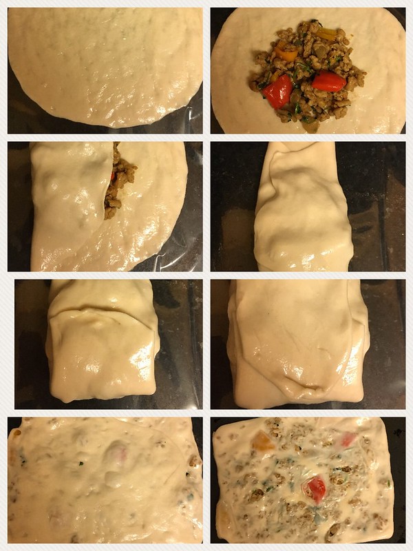 Step by step pic collage of how to shape a ground chicken stuffed msemen.