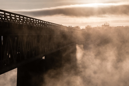 bridge fog river sunrise saskatoon saskatchewan canada ca