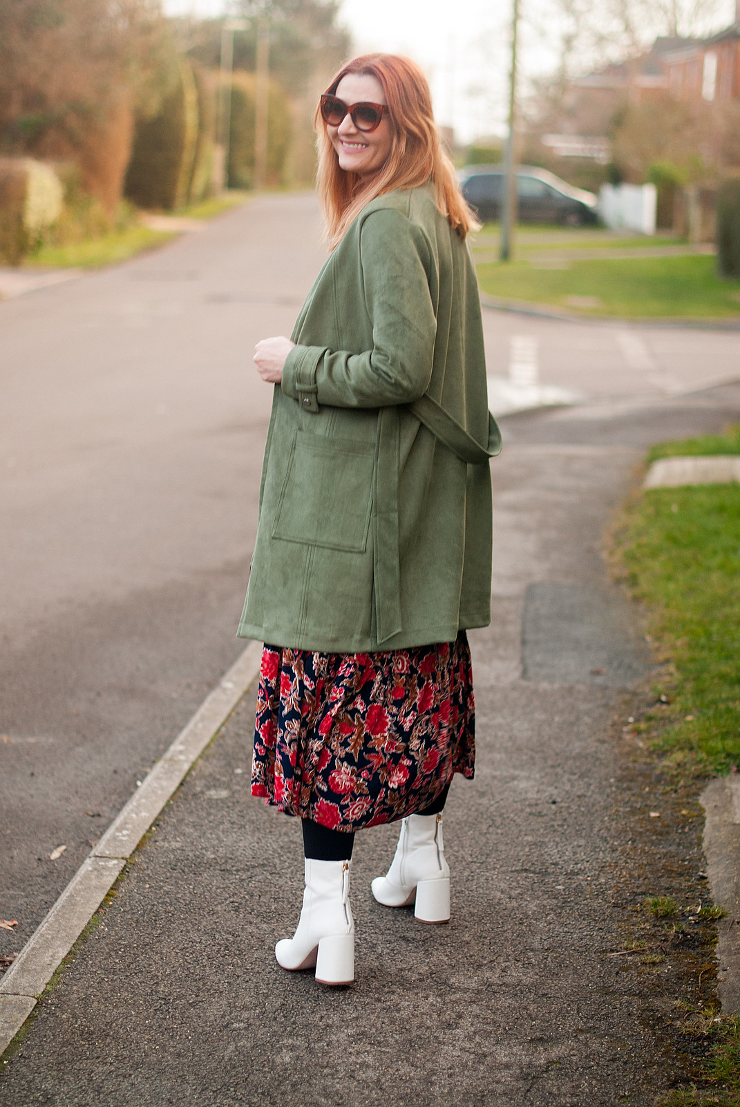 Floral maxi dress and white boots with longline khaki jacket and tan bumbag | Over 40 style fashion | Not Dressed As Lamb