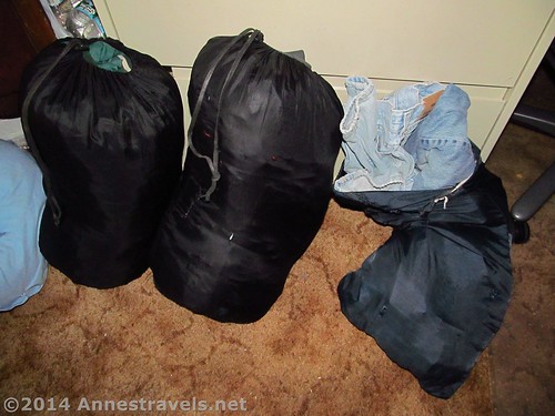 Stuff bags and duffle bags are great for layers you don't want all the time - these are full of jackets and jeans.