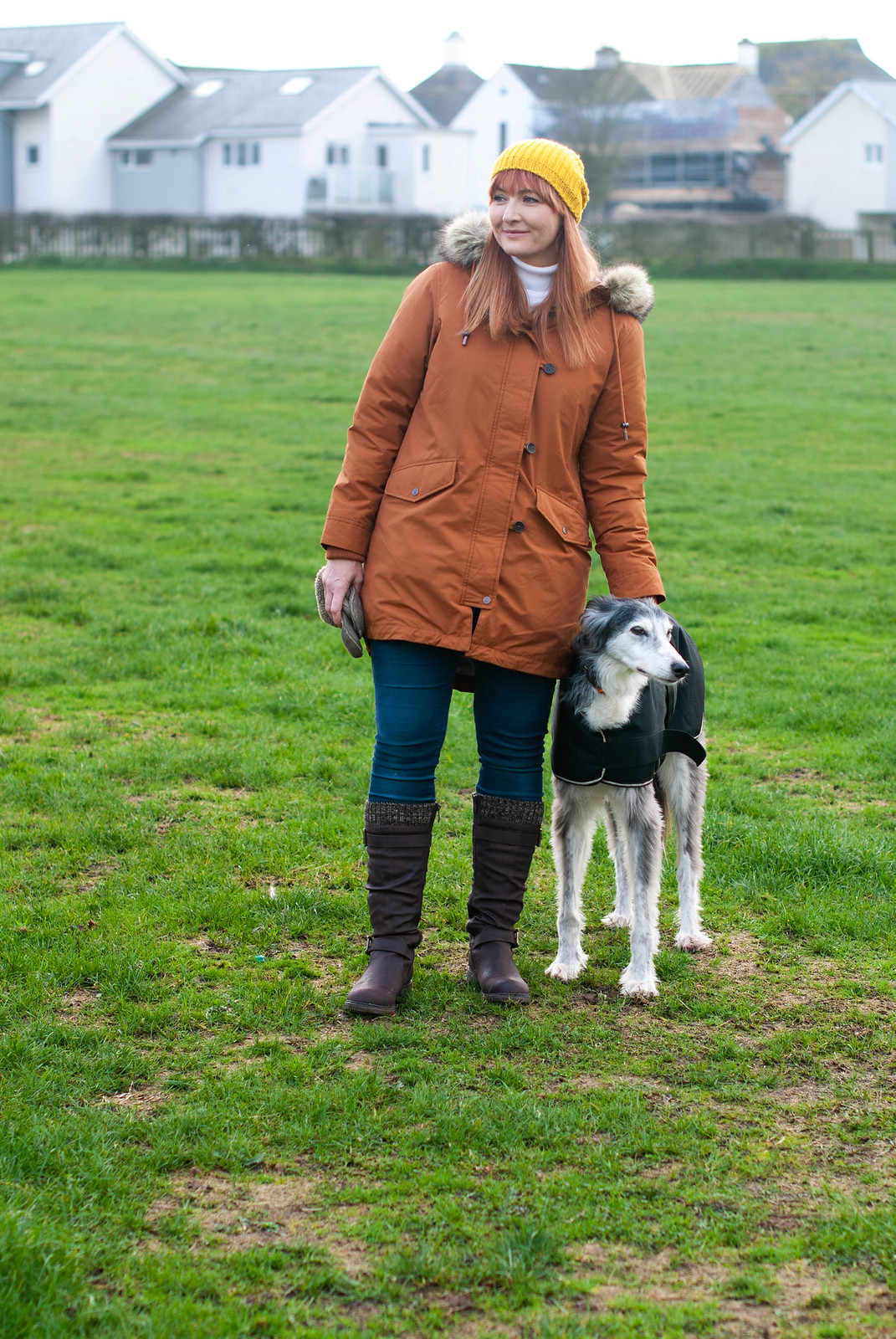 A Colourful, Stylish Walking the Dog Outfit With Crazy-Comfy Boots \ orange-brown parka \ knee high brown boots \ yellow beanie | Not Dressed As Lamb, over 40 style