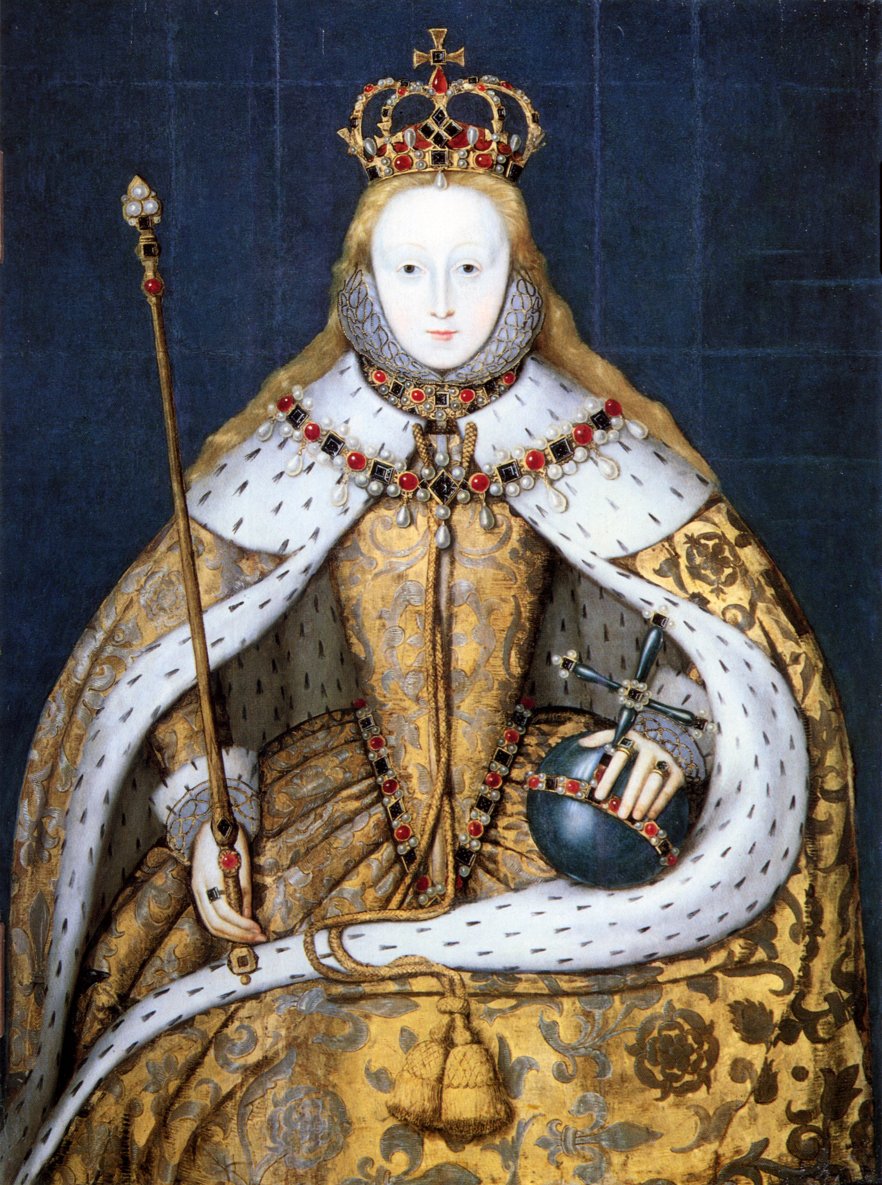 Elizabeth I in her coronation robes, patterned with Tudor roses and trimmed with ermine