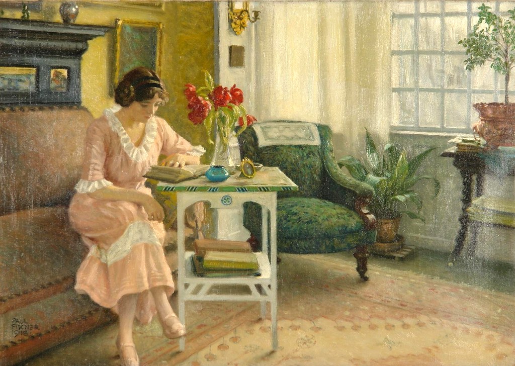 Paul Gustav Fischer «The artist's wife reading at home on Sofievej», 1917 г.