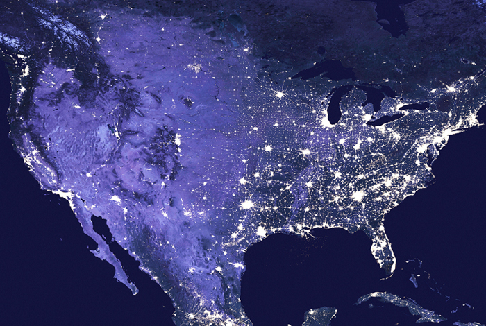 A nighttime view of the density of lights across the United States.