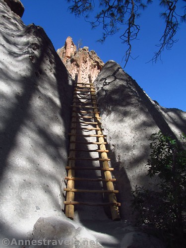 The first ladder up to Alcove House - it's in shade in the later part of the day. Bandelier National Monument, New Mexico