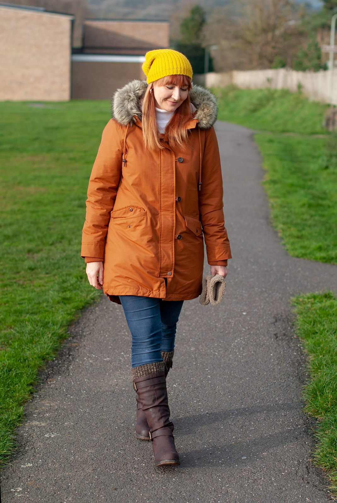 A Colourful, Stylish Walking the Dog Outfit With Crazy-Comfy Boots \ orange-brown parka \ knee high brown boots \ yellow beanie | Not Dressed As Lamb, over 40 style