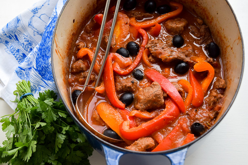 Beef, Tomato and Pepper Casserole with Black Olives