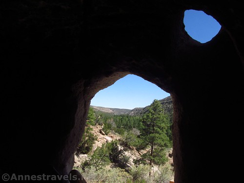 Framing sky and trees from inside the first cave along the Main Loop in Bandelier National Monument, New Mexico