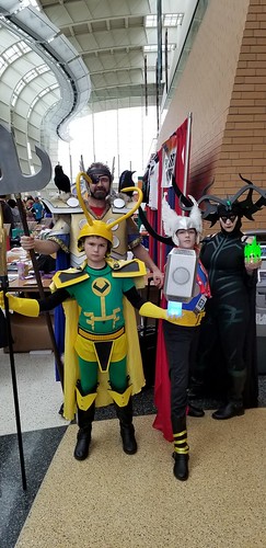 The Asgard Royal Family: Odin, Hela, Thor, and Loki (even Odin's ravens, Huginn and Muninn!). From Unique Cosplays at Grand Rapids Comic Con