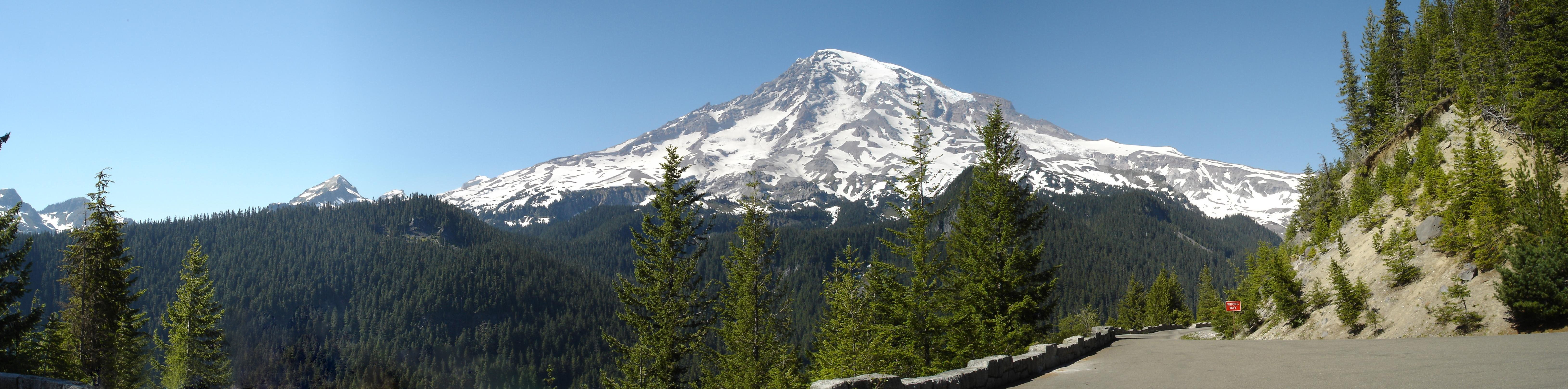 A panorama of the south face of Mount Rainier with Kautz Ice Cliff visible at center viewed from Westside Road, Washington State Route 706, Mount Rainier National Park. Photo taken on July 18, 2008.