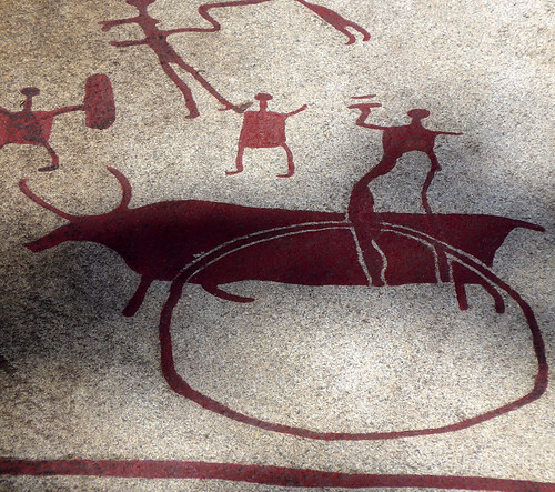 Petroglyph of a bull (or maybe an ancient extinct auroch) with bronze age people chipped out of the granite at Tanum, a UNESCO World Heritage Rock Art Centre in Sweden