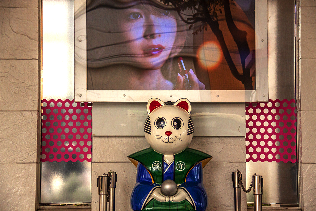 Cat statue and TV image of woman applying lipstick--Osaka