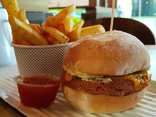 Vegan Cheeseburger and Chips with Tomato Relish from Grill'd