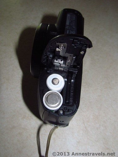 Battery/SD card compartment on the Canon PowerShot SX150 IS.