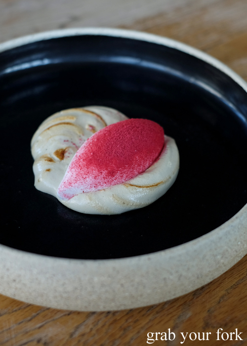 Italian meringue with coconut sorbet and raspberry powder at LuMi restaurant in Pyrmont Sydney