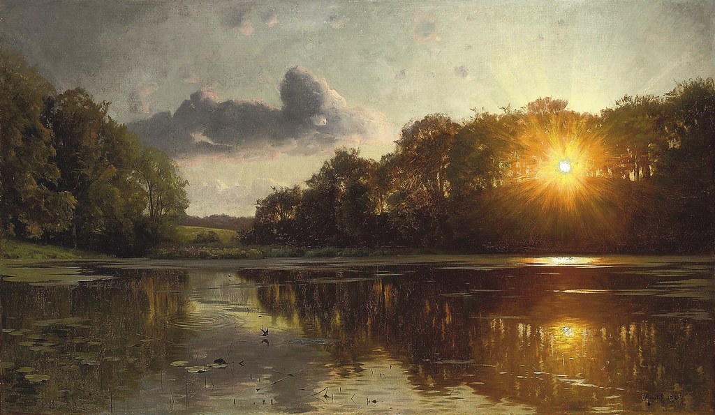 Peder Mork Monsted «Sunset over a forest lake», 1895 г.