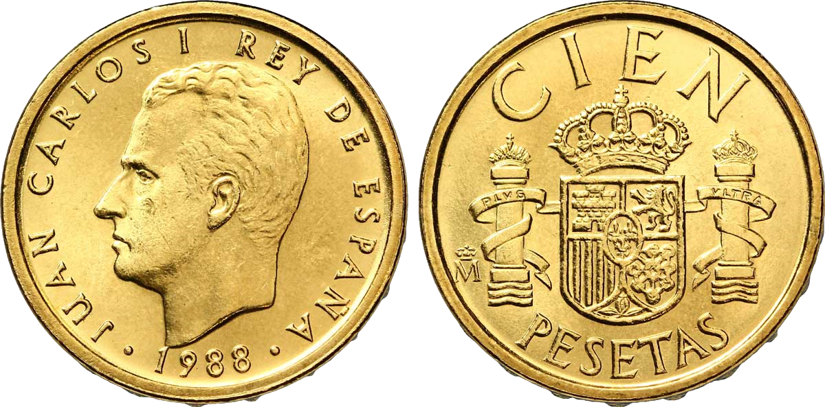 Juan Carlos I of Spain on a 100 peseta coin from 1988.
