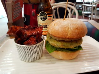 Sweet Potato Fries and Hemp Therapea Burger (with pineapple) from Grill'd