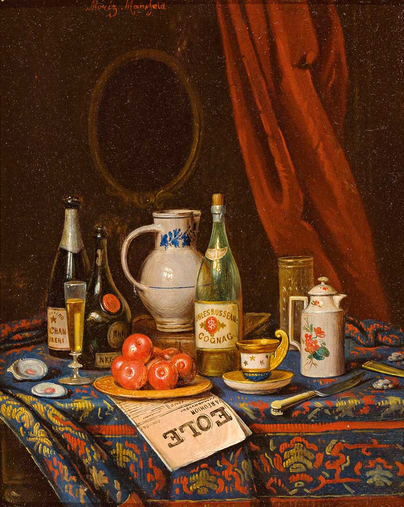 Moritz Mansfeld «Still life with cognac, champagne and liqueur, picturesque arranged between newspaper»