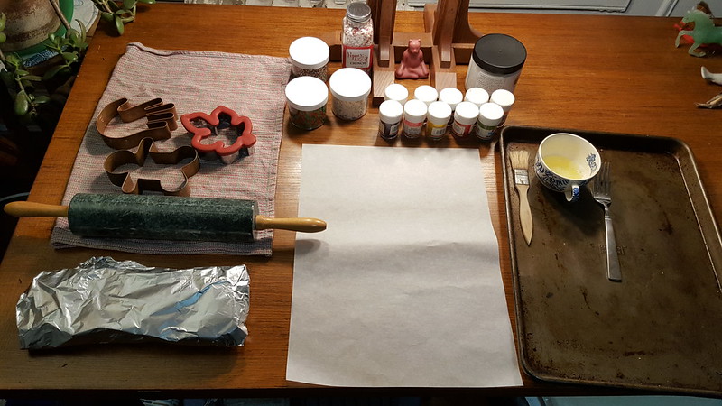 Setup for rolling and pre-bake decoration, Holiday Butter Cookies, December 2018