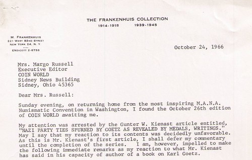1966 Frankenhuis letter to COIN WORLD