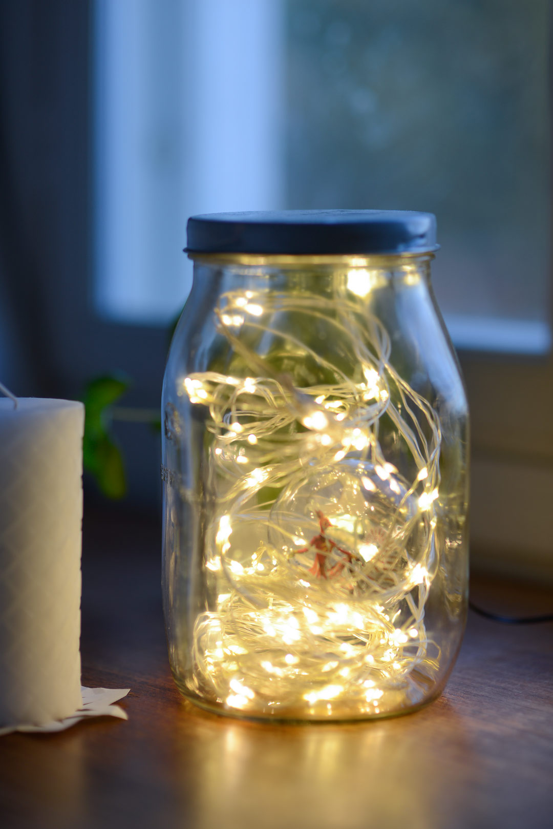 Fairy lights in a vintage glass jar