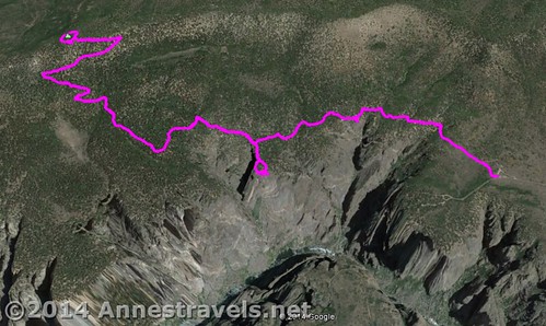 Visual map of the North Vista Trail to Exclamation Point (center) and Green Mountain (left), Black Canyon of the Gunnison National Park, Colorado