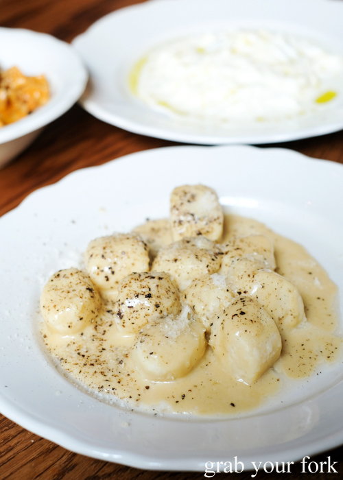 Gnocchi with cheese and pepper at Alberto's Lounge in Surry Hills