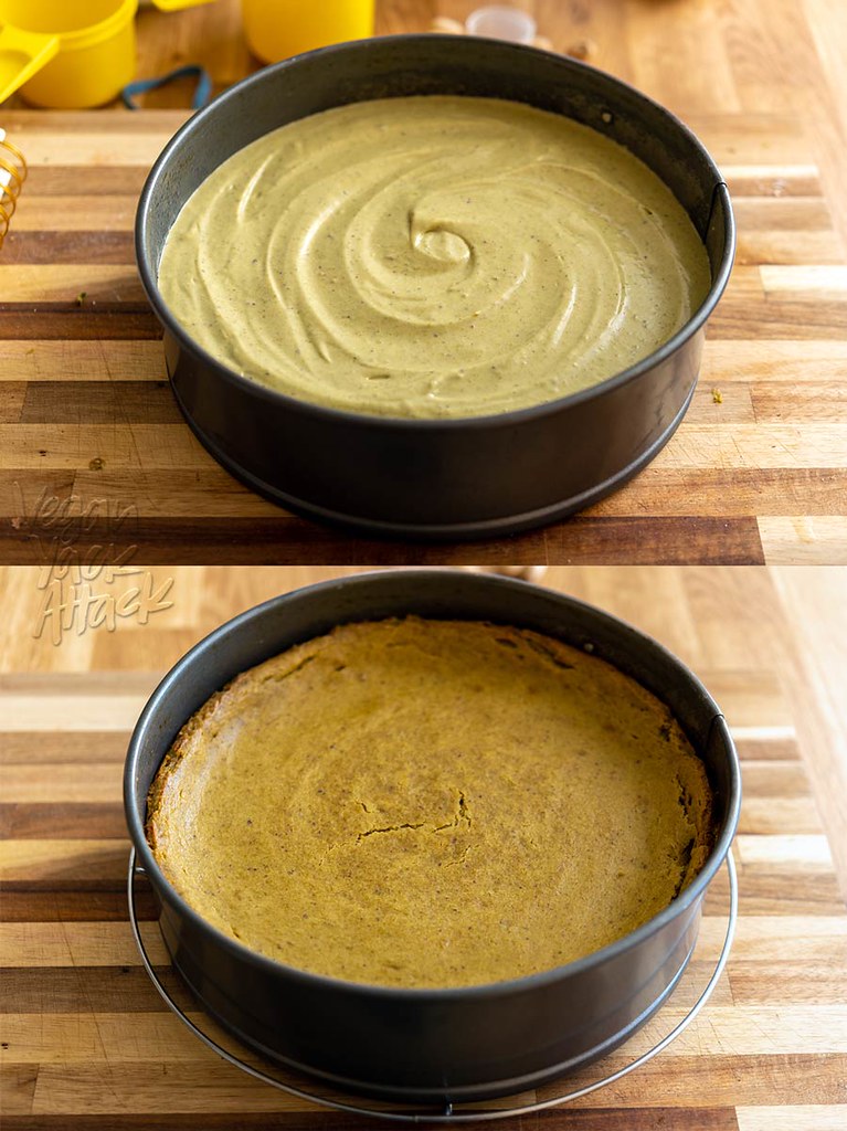 Vegan pistachio cheesecake pre and post baking