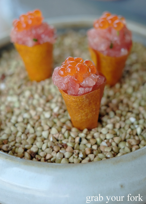 Yellow fin tuna with salmon roe in a sweet potato cone at LuMi restaurant in Pyrmont Sydney