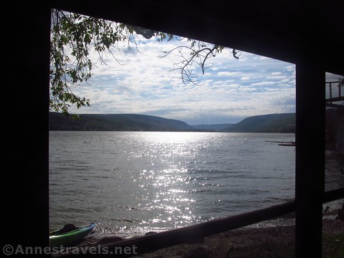 Looking out the cabin window at the head of Honeoye Lake, New York