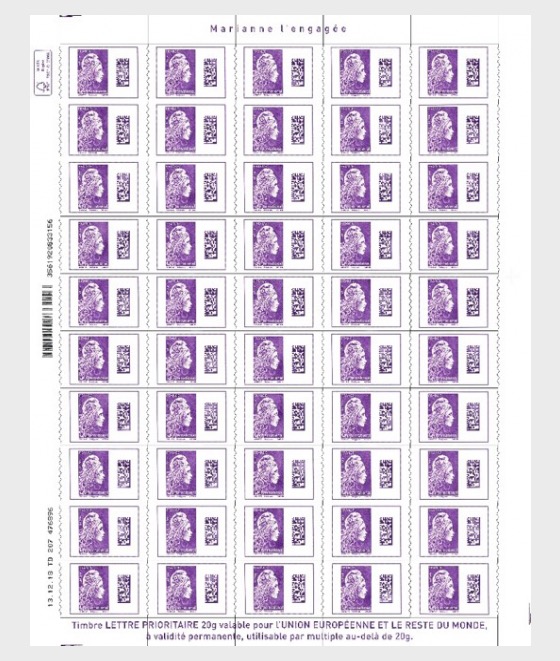 France - Marianne Definitive International Rate (January 1, 2019) sheet of 50