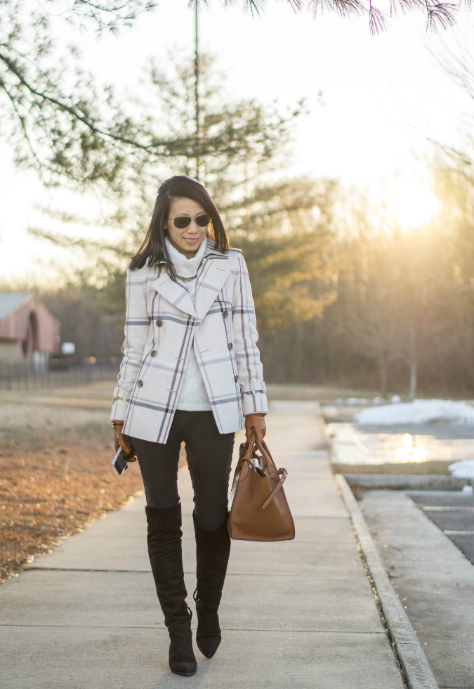 Coach Tattersall short trench jacket, J.Crew Factory long-sleeve mockneck pullover, J.Crew cashmere-lined leather tech gloves, black skinny jeans, Celine small big bag, Miu Miu suede pointed toe over the knee boots