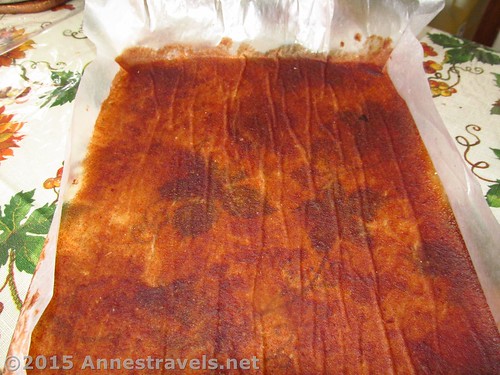 The applesauce, all dried and ready to be cut. The little ridges aren't a problem. Oh, and all that design under the dried applesauce is the pattern on the tablecloth...