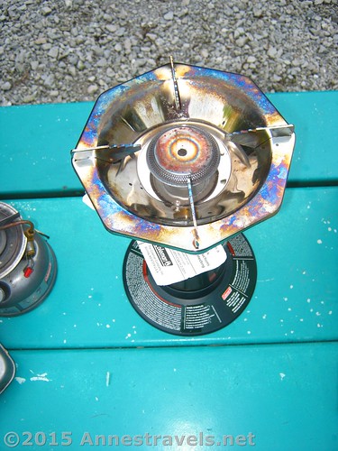 Top view of the Coleman Propane Bottle Top Single Burner Stove after a couple weeks of daily use