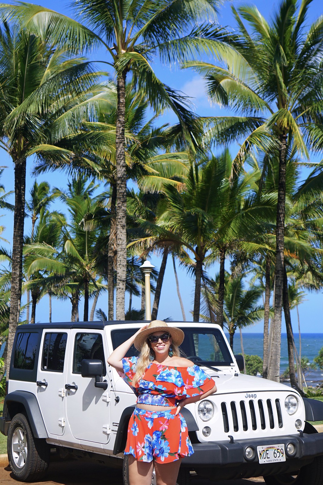 Red Floral Two Piece Set White Jeep Hawaii Outfit Hilton Garden Inn Kauai Wailua Bay Best Things to do in Kauai Hawaii