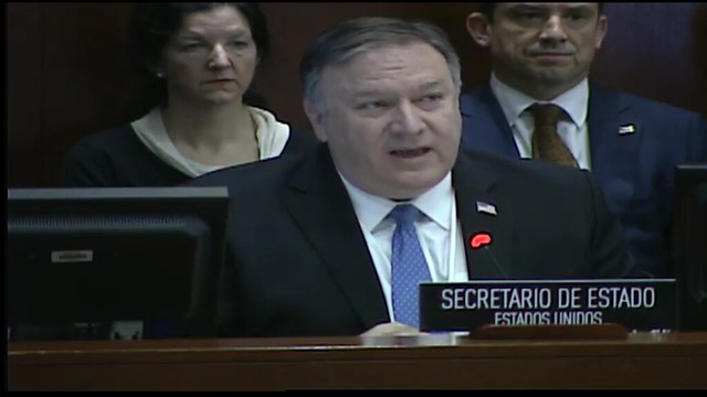 SecretÃ¡rio de Estado dos EUA, Mike Pompeo, durante sessÃ£o extraordinÃ¡ria da OEA para discutir a situaÃ§Ã£o polÃ­tica da Venezuela - CrÃ©ditos: ReproduÃ§Ã£o/OEA