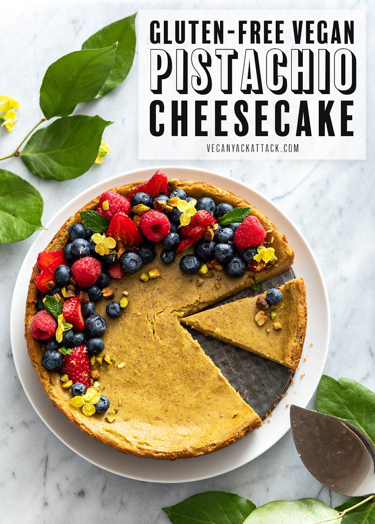 This Gluten-free Pistachio Cheesecake is light green in hue and straight up delicious. Plus, it’s vegan! Top it with some seasonal berries for a pop in flavor and color. #vegan #glutenfree #veganyackattack #cheesecake