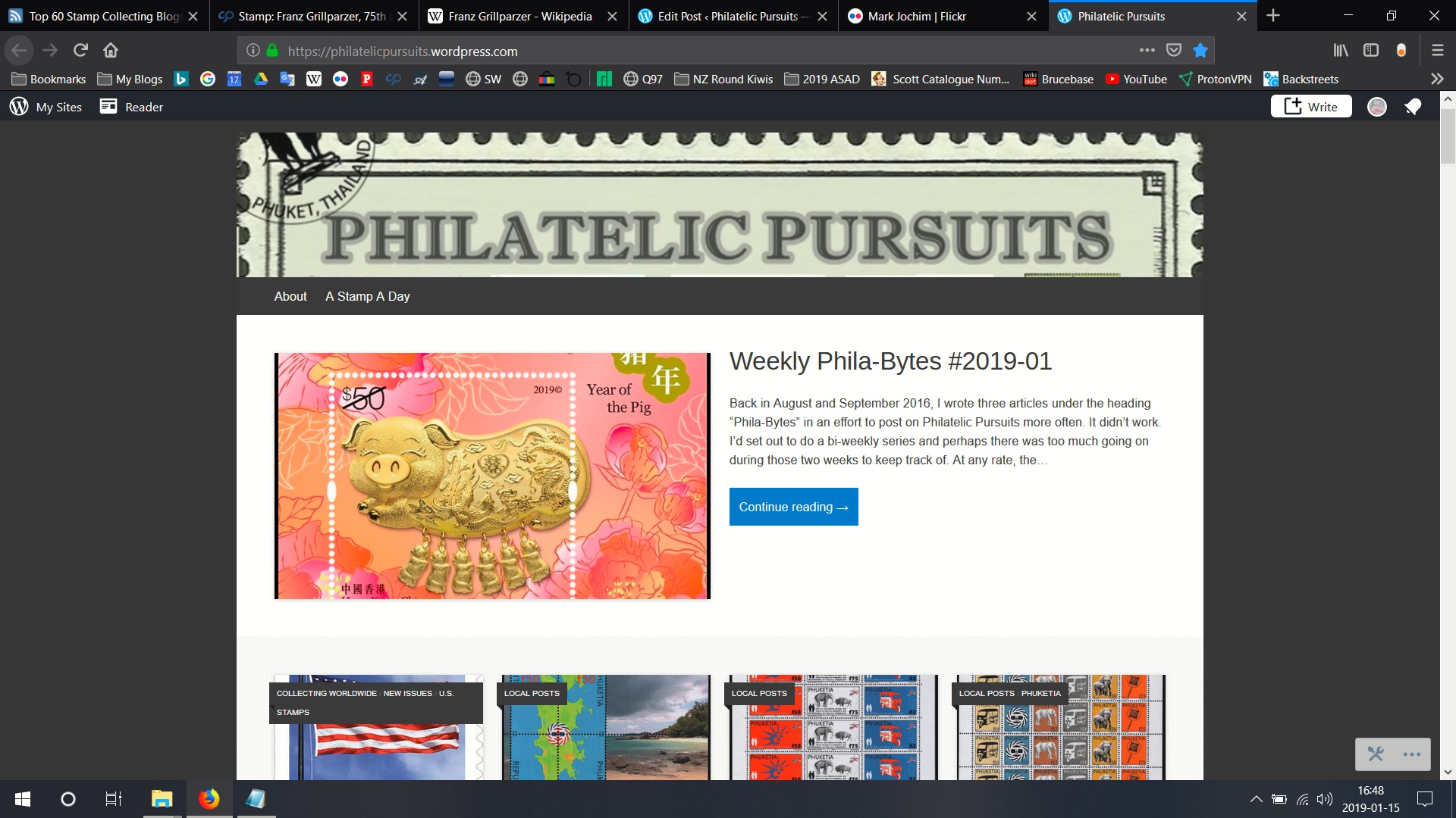 Screenshot of Philatelic Pursuits on the afternoon of January 15, 2019, using the 