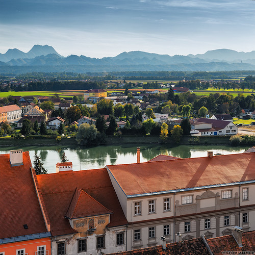 europe vacations travel destination slovenia alps nature ptuj historical heritage aerial view red roof tile eaves river drava tourism