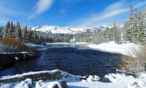 mammothlakesca springsnowstorm treeswithsnow sierranevadarange freshsnowonground waterreflection usa landscape snow dgraham photo california newsnow morningsnow twinlakes crystalcrag forest iceonlake trees pines firs waterreflections settingmoon moonfall featheryclouds skyandclouds lakes angel angelwings