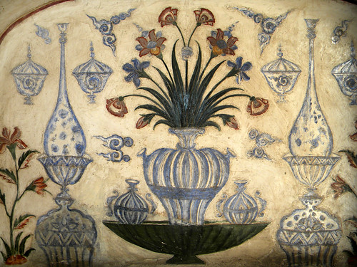 A decorative flower painting on a wall at the Baby Taj, aka Itimad-ud-Daulah, a Mughal structure built completely from marble containing the tomb of the Persian nobleman