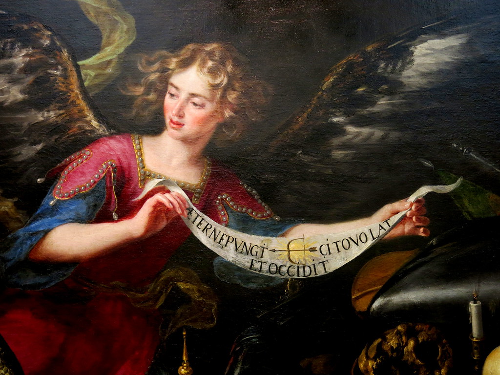 El sueño del caballero, fragmento, Antonio de Pereda (1611-1678). Óleo sobre lienzo, leyenda= "eternamente hiere, vuela veloz y mata",