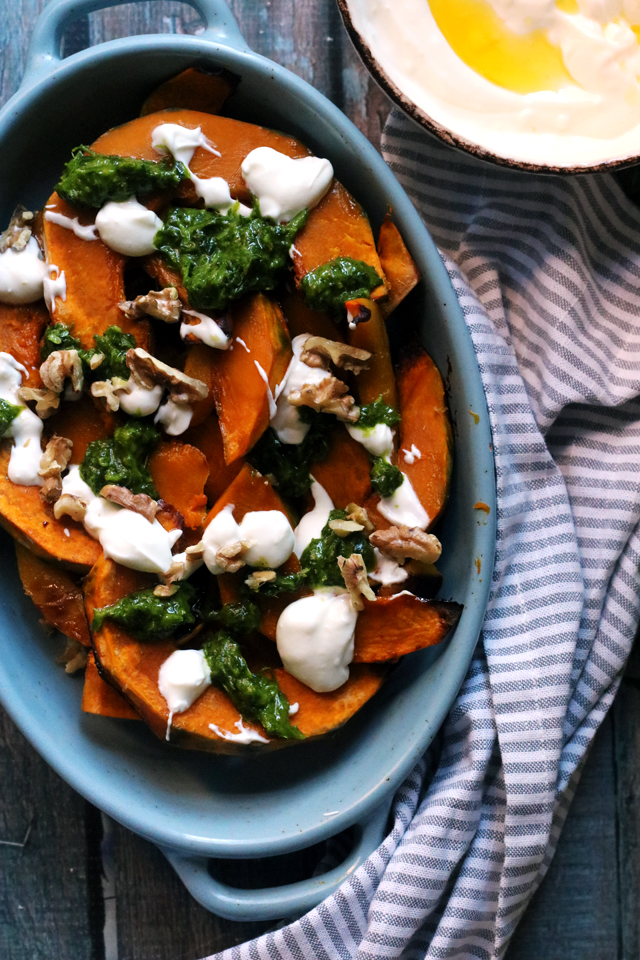 Roasted Squash with Yogurt, Walnuts, and Spiced Green Sauce