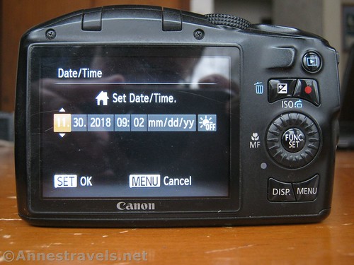 Setting the month (currently), day, year, and time on a Canon PowerShot SX150