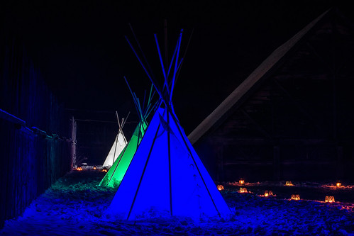 teepee teepees litfromtheinside color colour colours colors white green blue modern snow candles christmas saintemarie saintemarieamongthehurons midland ontario canada night nighttime firstlight jsp2018113070