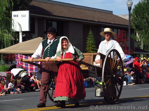 Pulling a handcart like the early pioneers in the Days of '47 Parade in Salt Lake City, Utah