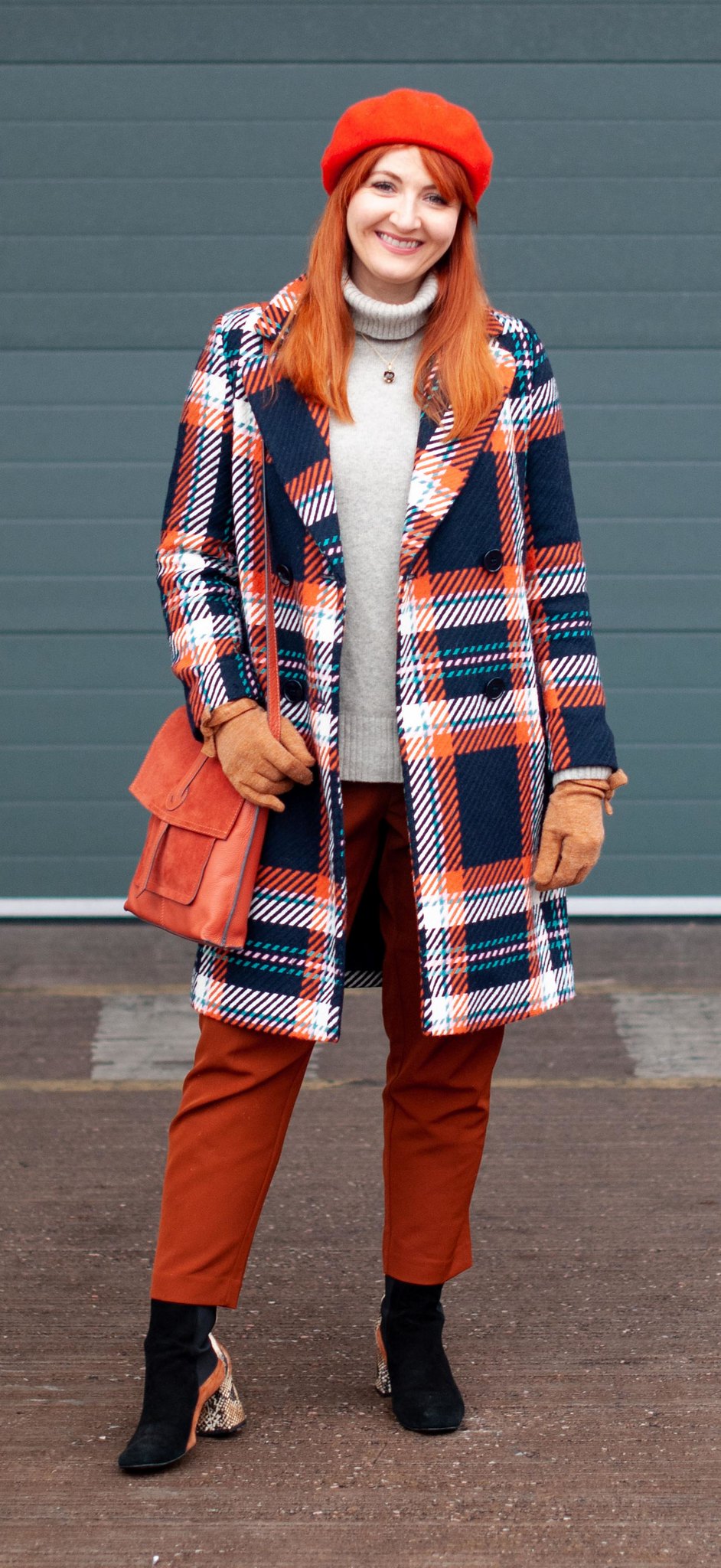 Styling Bold Colour in Winter (orange and blue check coat \ burnt orange trousers \ orange beret \ grey roll neck sweater \ two tone black, tan and snakeskin boots \ orange messenger bag) | Not Dressed As Lamb, over 40 style blog